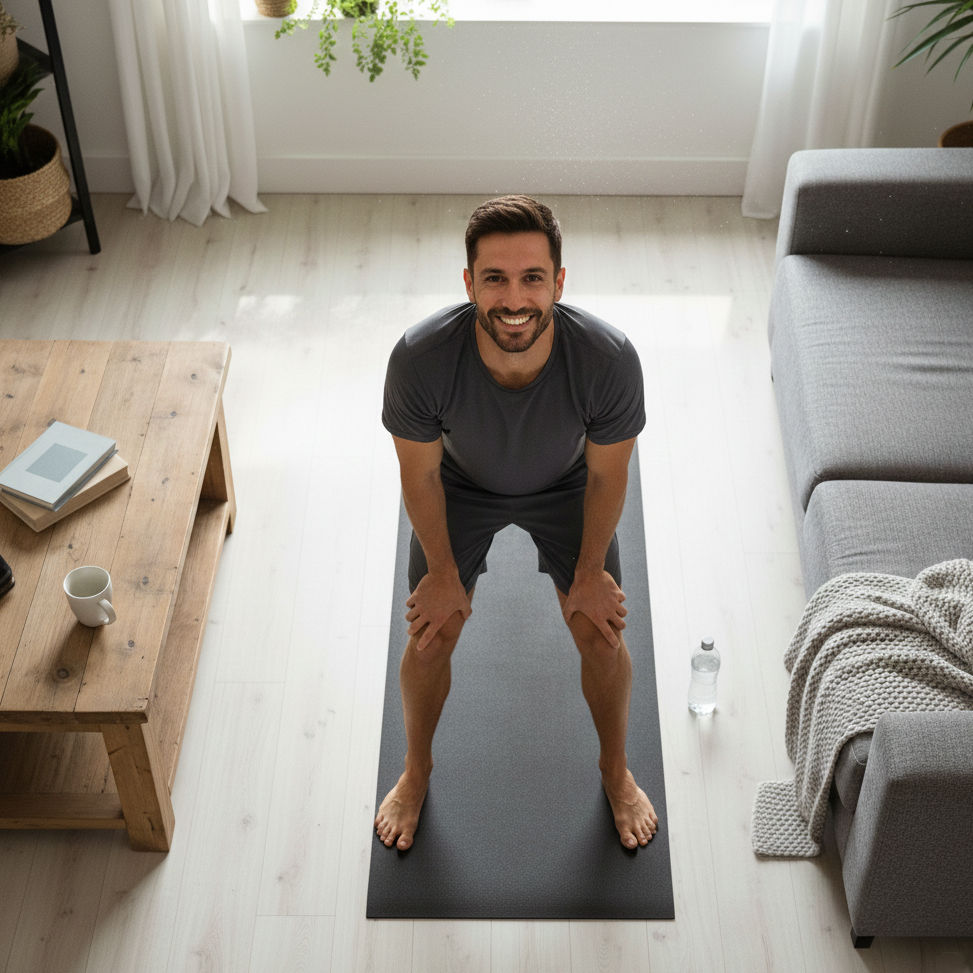 HIIT pour débutants : 5 minutes de sport à la maison (même à 50 ans avec des genoux qui craquent) image Une personne termine sa séance d'entraînement, les mains sur les genoux, reprenant son souffle mais souriant de satisfaction, dans son salon. Tapis de yoga au sol, bouteille d'eau à portée de main. Éclat naturel après l'effort, lumière du matin filtrant par la fenêtre. Un moment authentique et photoréaliste de réussite et de fierté.