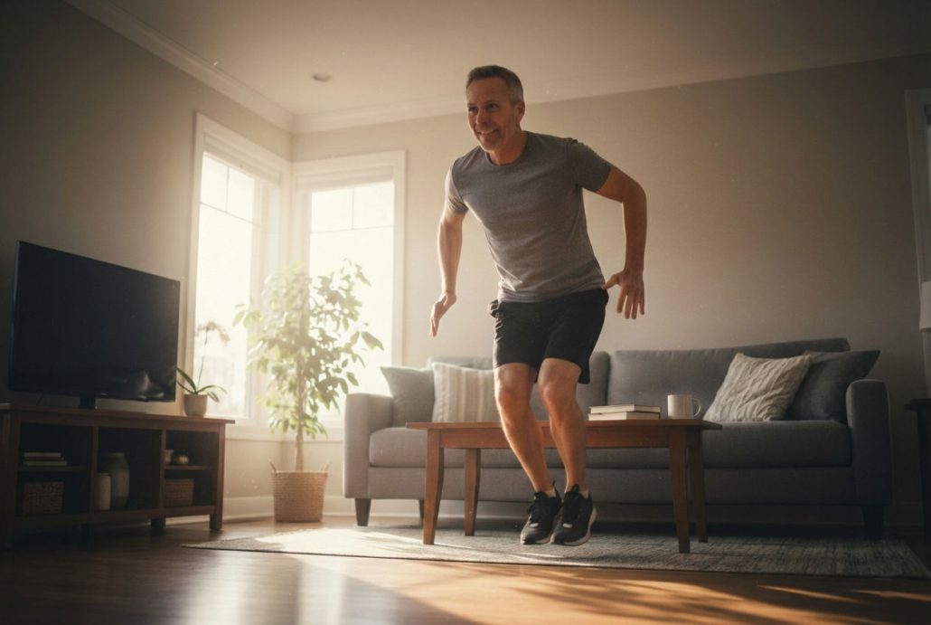 Une personne d'une cinquantaine d'années fait un burpee dans son salon, figée en plein mouvement par un effet de flou cinétique. On aperçoit la table basse et le canapé en arrière-plan. La lumière du matin filtre à travers la fenêtre. Un cadre authentique, loin d'une salle de sport. Photoréaliste, dynamique et accessible. La personne porte une tenue de sport décontractée et affiche détermination et joie.