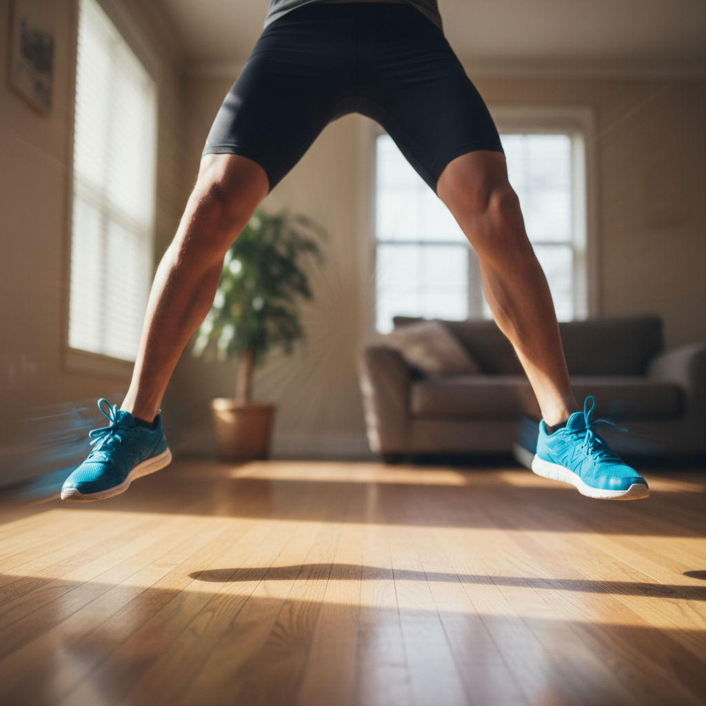 HIIT pour débutants : 5 minutes de sport à la maison (même à 50 ans avec des genoux qui craquent) image Gros plan sur les jambes d'une personne en plein saut lors d'exercices de jumping jacks à domicile, pieds décollés du sol, capture de mouvement. Parquet visible, intérieur de la maison légèrement flou en arrière-plan. Énergie dynamique, style photoréaliste. Accent mis sur le mouvement et la puissance, lumière naturelle provenant d'une fenêtre.