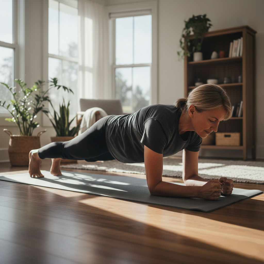 HIIT pour débutants : 5 minutes de sport à la maison (même à 50 ans avec des genoux qui craquent) image Une personne d'une cinquantaine d'années effectue un exercice de gainage sur un tapis de yoga chez elle, faisant preuve de force et de concentration. Le décor du salon est naturel, la lumière naturelle projetant des ombres douces. Le rendu est photoréaliste, mettant l'accent sur la force et la stabilité du tronc. L'expression est déterminée mais sereine.