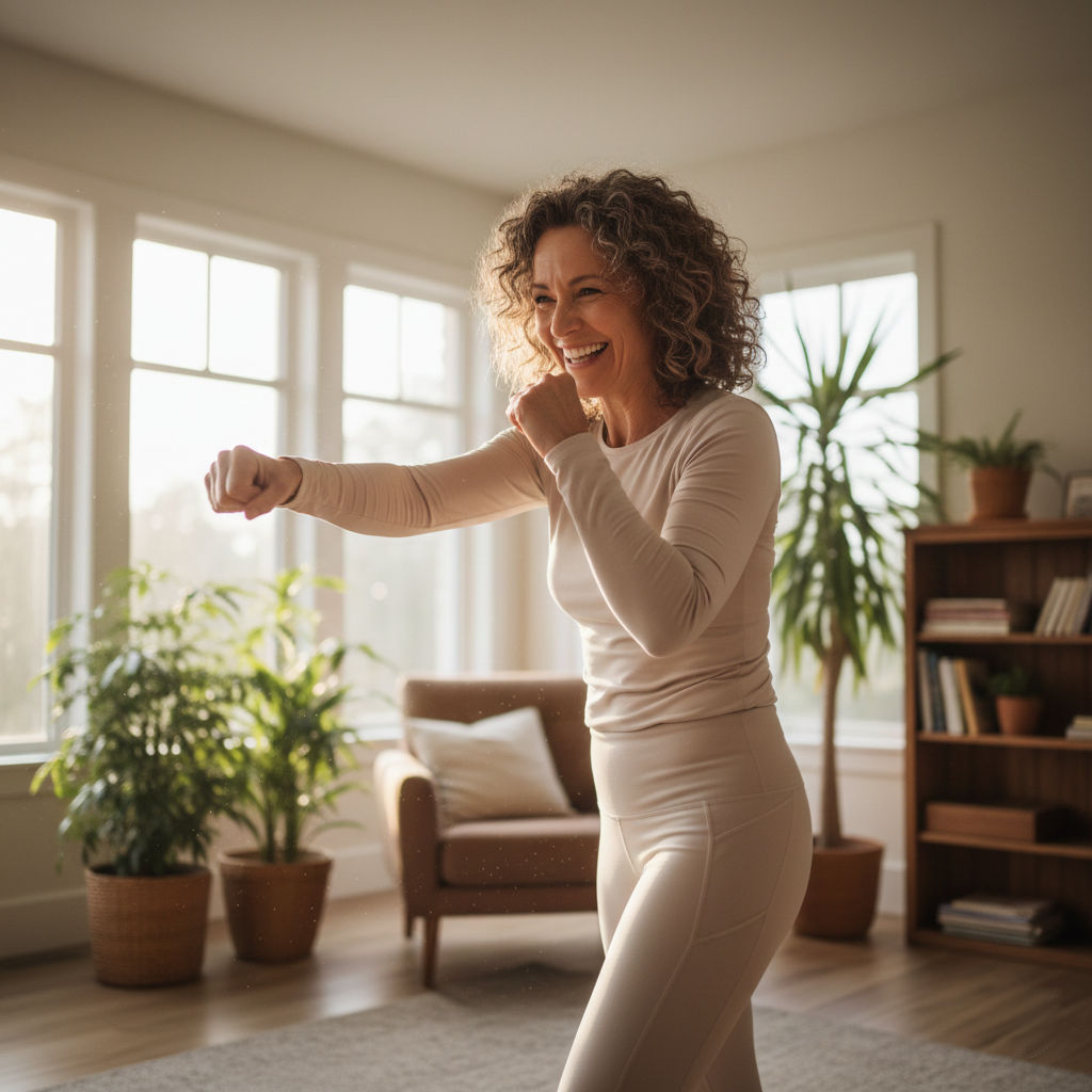 HIIT pour débutants : 5 minutes de sport à la maison (même à 50 ans avec des genoux qui craquent) image Une personne souriante d'une cinquantaine d'années pratique la boxe dans son salon, les bras tendus en position de boxe, débordant de joie et d'énergie. Intérieur lumineux et aéré, avec des plantes en arrière-plan. Lumière naturelle du matin, style photoréaliste. Vêtue d'une tenue de sport confortable, cette personne dégage une impression d'authenticité et de simplicité.