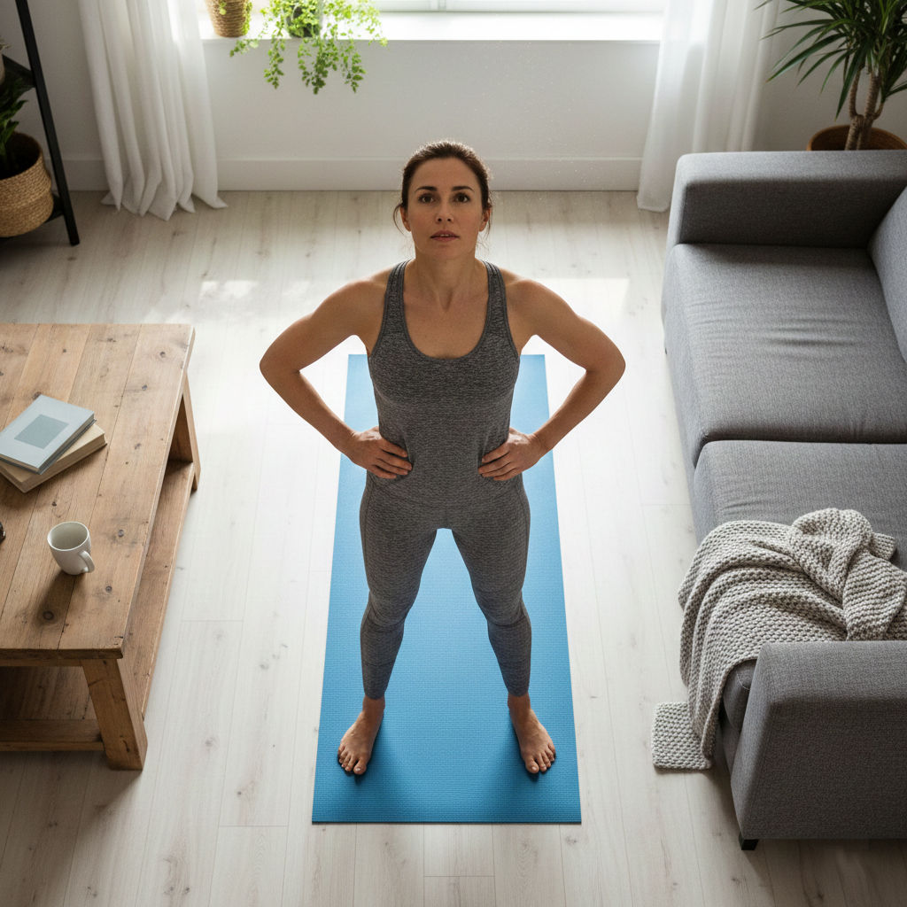 HIIT pour débutants : 5 minutes de sport à la maison (même à 50 ans avec des genoux qui craquent) image Vue aérienne d'une personne commençant sa séance de yoga, debout sur un tapis dans son salon, les mains sur les hanches, prête à commencer. On aperçoit autour du tapis la table basse et le coin du canapé. Lumière naturelle, style photoréaliste. Moment d'anticipation avant l'exercice, énergie motivante.