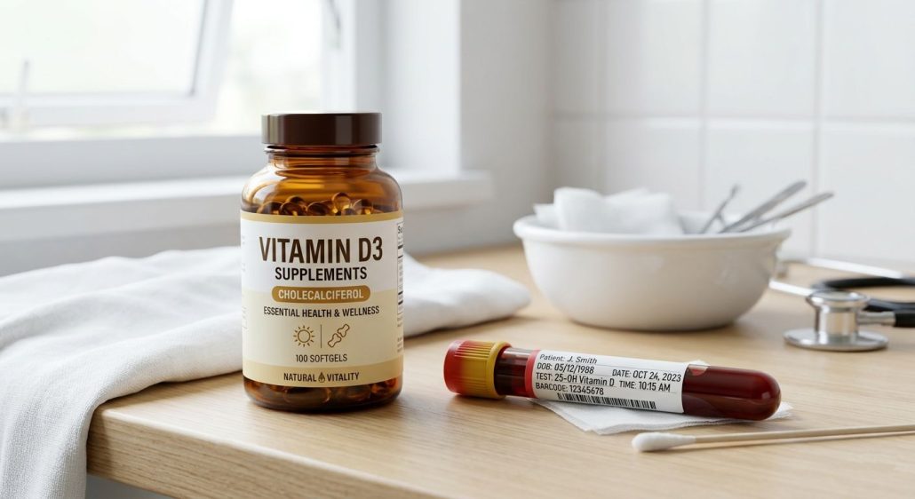 La vitamine D3 : pourquoi tu en manques (et pourquoi c'est grave) image Flacon de suppléments de vitamine D3 avec une prise de sang symbolisant le dosage sanguin 25-OH