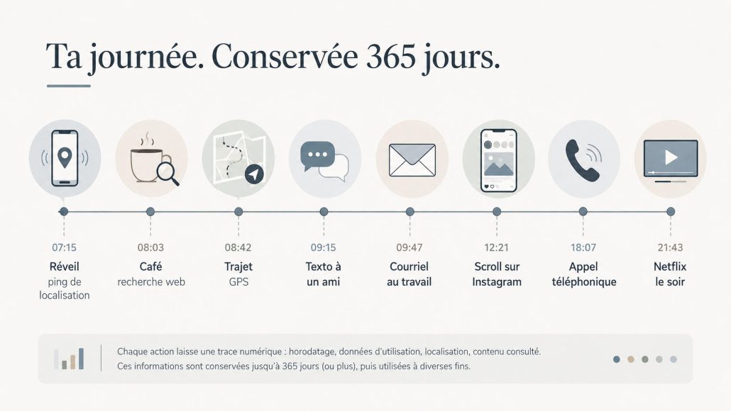 Une frise chronologique d'une journée ordinaire, style "empreinte numérique". De gauche à droite : réveil (ping de localisation), café (recherche Google), trajet (GPS), texto à un ami, email au travail, scroll sur Instagram, appel téléphonique, Netflix le soir. Chaque point de la journée est un nœud sur la frise, avec une petite icône. Le tout sous un titre sobre : "Ta journée. Conservée 365 jours." Pas de couleur d'alarme, justement. Neutre. C'est plus inquiétant comme ça.