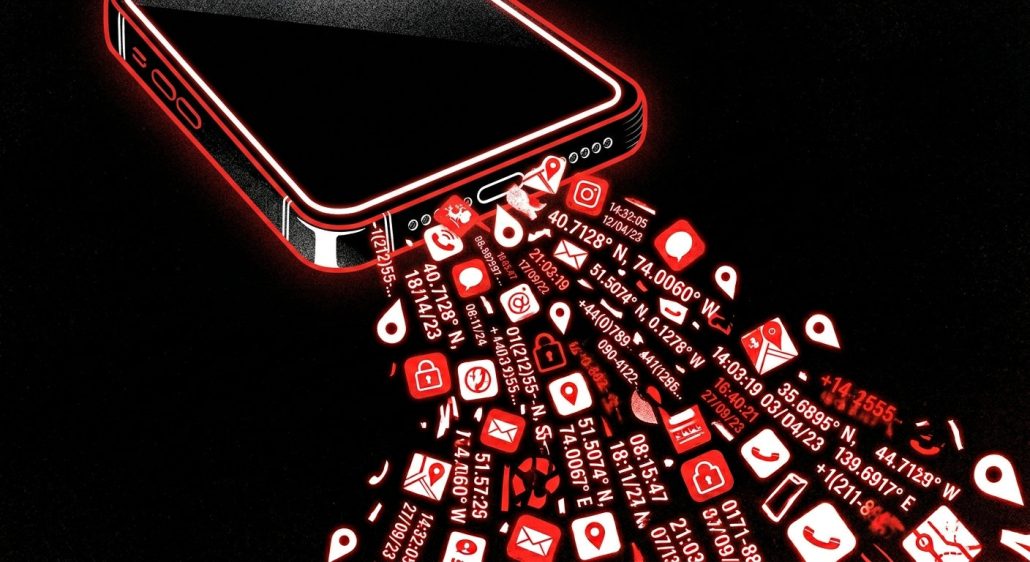 C-22, la loi qui veut surveiller ton internet (et pourquoi tu dois t'en inquiéter) image Un portefeuille ouvert qui laisse tomber non pas des billets mais des fragments de données : coordonnées GPS, horodatages, icônes d'applications, numéros de téléphone flous. Sur fond noir, les données tombent comme des feuilles d'automne. Style illustration graphique moderne, rouge et blanc sur fond noir.