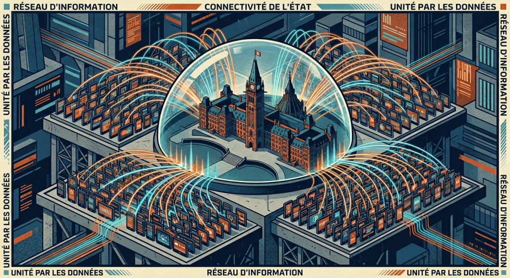 C-22, la loi qui veut surveiller ton internet (et pourquoi tu dois t'en inquiéter) image Un parlement canadien miniature sous un dôme de verre, entouré de fils de données lumineux qui s'en échappent vers des milliers de petits écrans de smartphones. Vue plongeante, style affiche de propagande revisitée en moderne, tons bleu nuit et orange brûlé.