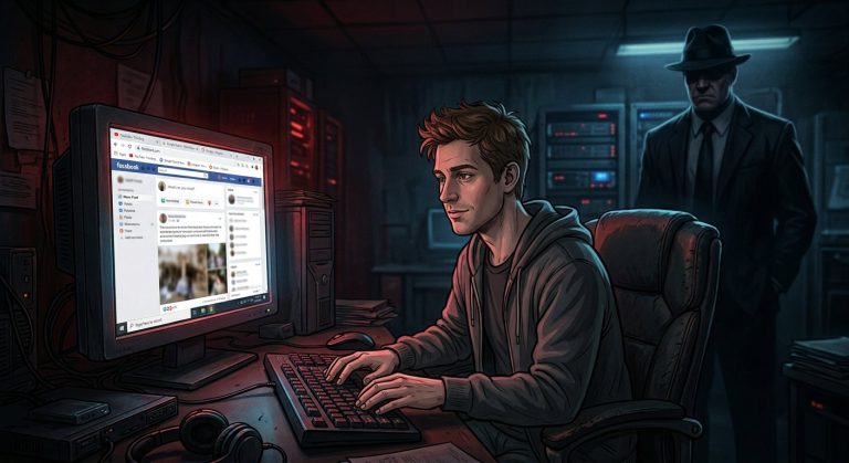 Un jeune homme stoïque assis devant un écran d'ordinateur qui affiche du code de surveillance, dans une salle sombre éclairée en rouge et bleu. Derrière lui, une silhouette floue d'un agent gouvernemental en complet regarde par-dessus son épaule. Style illustration numérique semi-réaliste, ambiance dystopique, palette rouge sang / bleu nuit / blanc cassé. Le caribou a l'air calme et pas impressionné.
