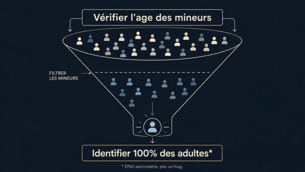 Un entonnoir. En entrée en haut : "Vérifier l'âge des mineurs." En sortie en bas : "Identifier 100% des adultes." Simple, un peu mordant. Pas de scan facial, pas de biométrie montrée. Juste la logique du processus mise à nu visuellement. Style schéma technique décalé, léger trait d'humour dans le graphisme (genre : la sortie de l'entonnoir est étiquetée avec un petit astérisque).
