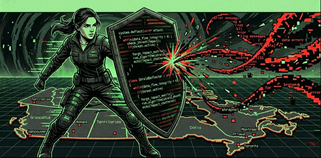 C-22, la loi qui veut surveiller ton internet (et pourquoi tu dois t'en inquiéter) image Une guerrière avec un bouclier forgé en code source (lignes de code visibles dans le métal), debout sur une carte du Canada pixelisée. Autour de lui, des tentacules numériques essaient d'atteindre le bouclier et se brisent dessus. Style affiche rétro-futuriste, vert terminal / noir / touches de rouge.