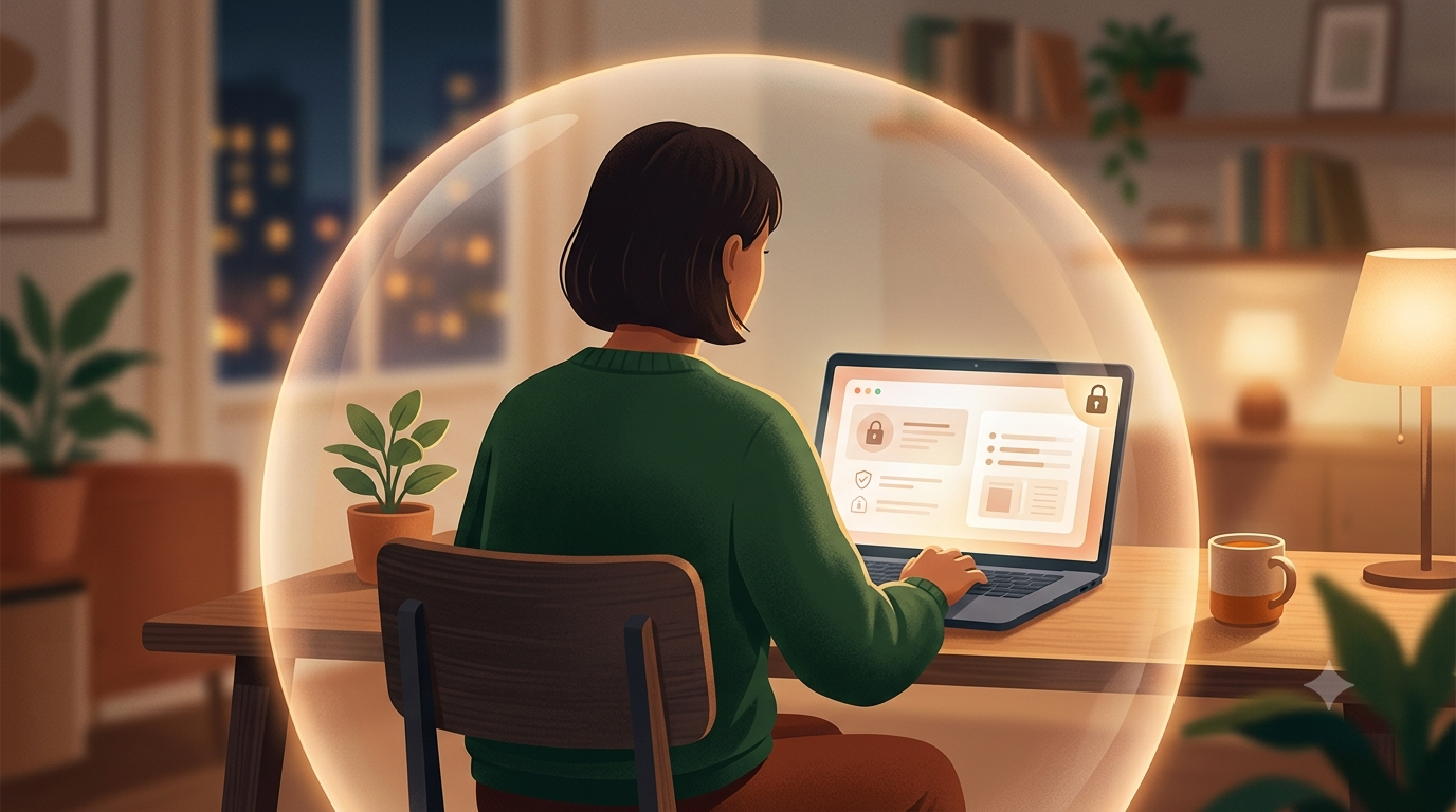 Quelle IA choisir quand on tient à sa vie privée ? image Illustration : une personne travaille sur son portable, entourée d'une bulle de protection numérique