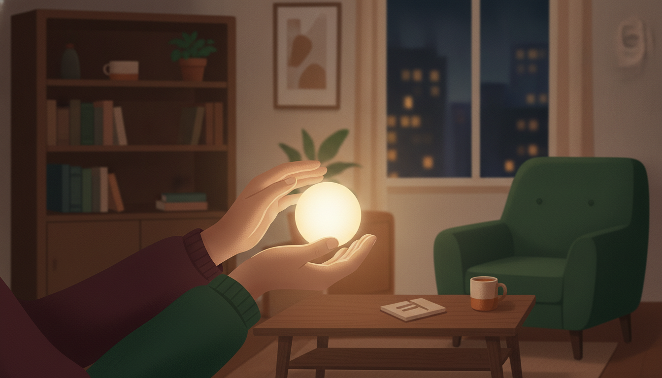 Quelle IA choisir quand on tient à sa vie privée ? image Illustration : deux mains tiennent une sphère lumineuse dans un salon chaleureux le soir