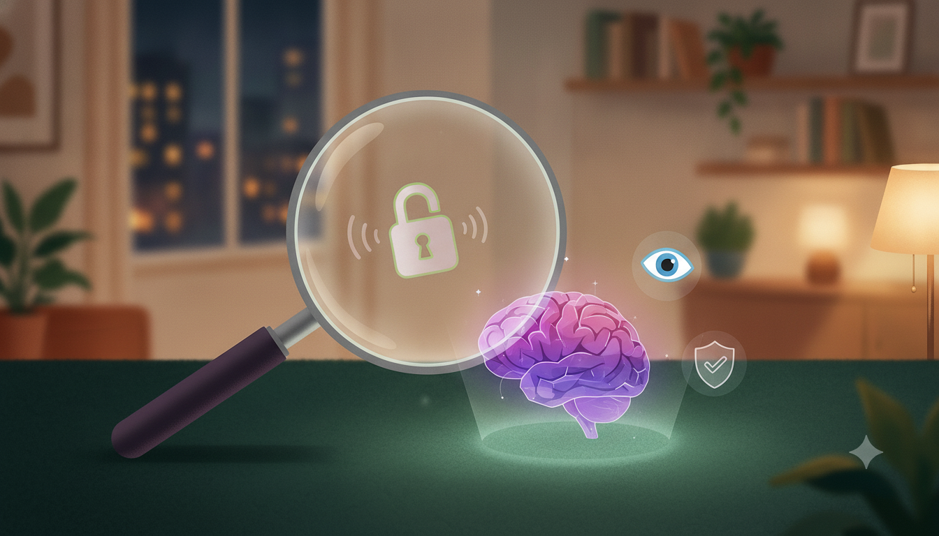 Quelle IA choisir quand on tient à sa vie privée ? image Illustration : une loupe examine une IA stylisée, entourée d'icônes de cadenas, d'œil et de bouclier