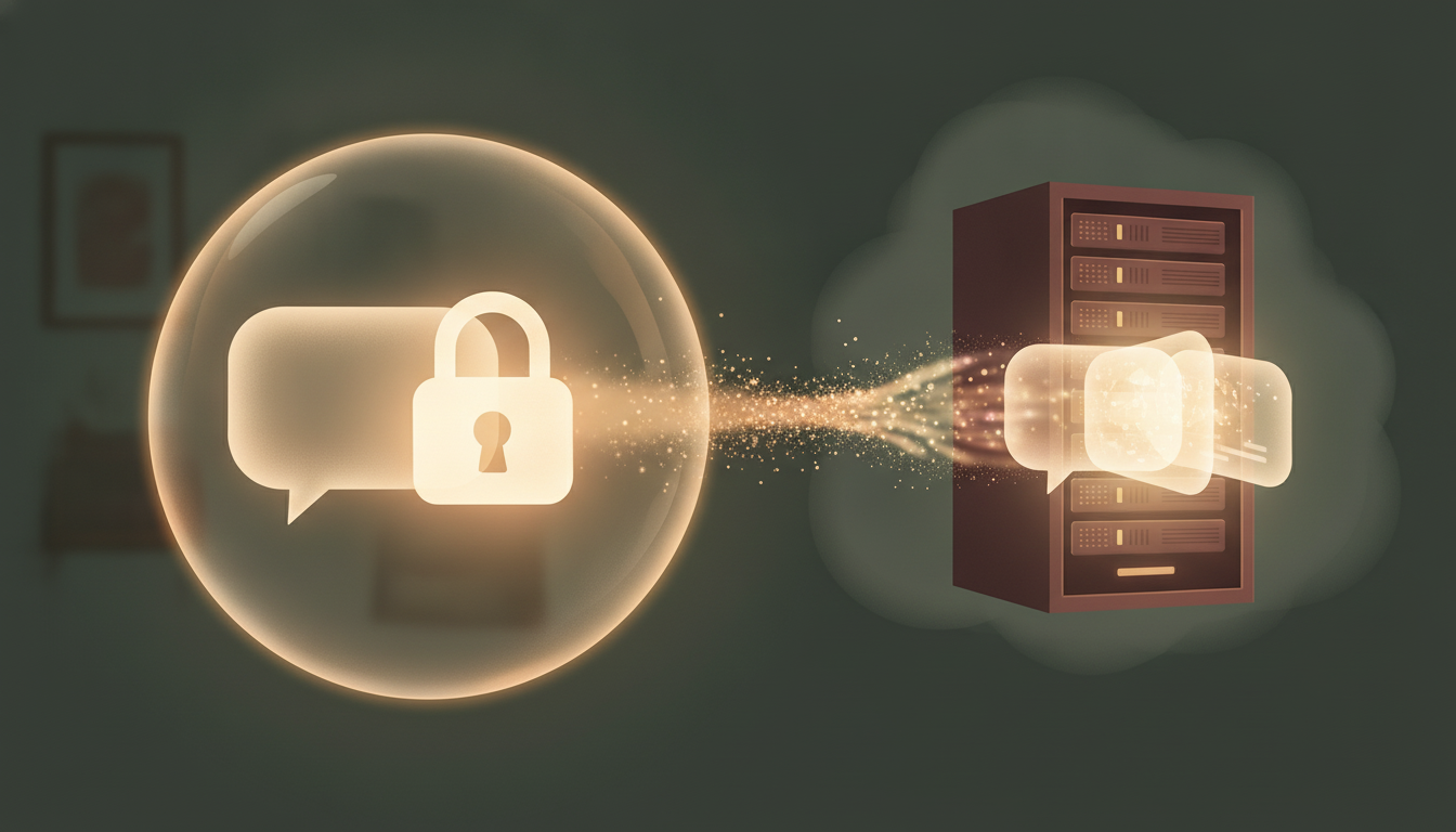 Quelle IA choisir quand on tient à sa vie privée ? image Illustration : un message chiffré sous cadenas à gauche, le même message déchiffré en clair sur un serveur distant à droite