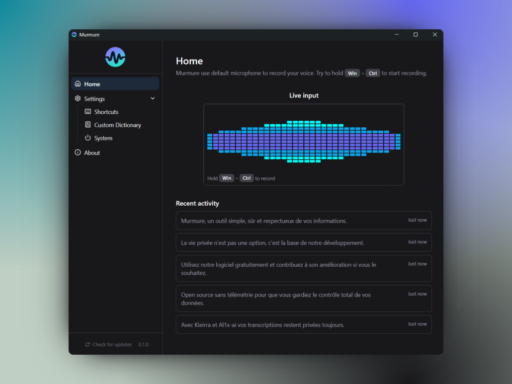 Dictée vocale locale : écrire trois fois plus vite en parlant à son ordi (sans abonnement, sans cloud) image L'écran de dictée de Murmure par Kieirra, l'application de reconnaissance vocale locale sur Windows/Mac/Linux.