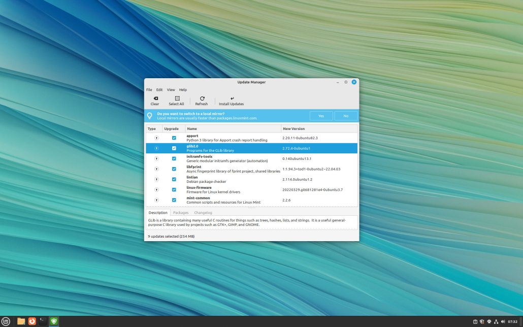 Le gestionnaire de mises à jour de Linux Mint avec la liste des mises à jour disponibles