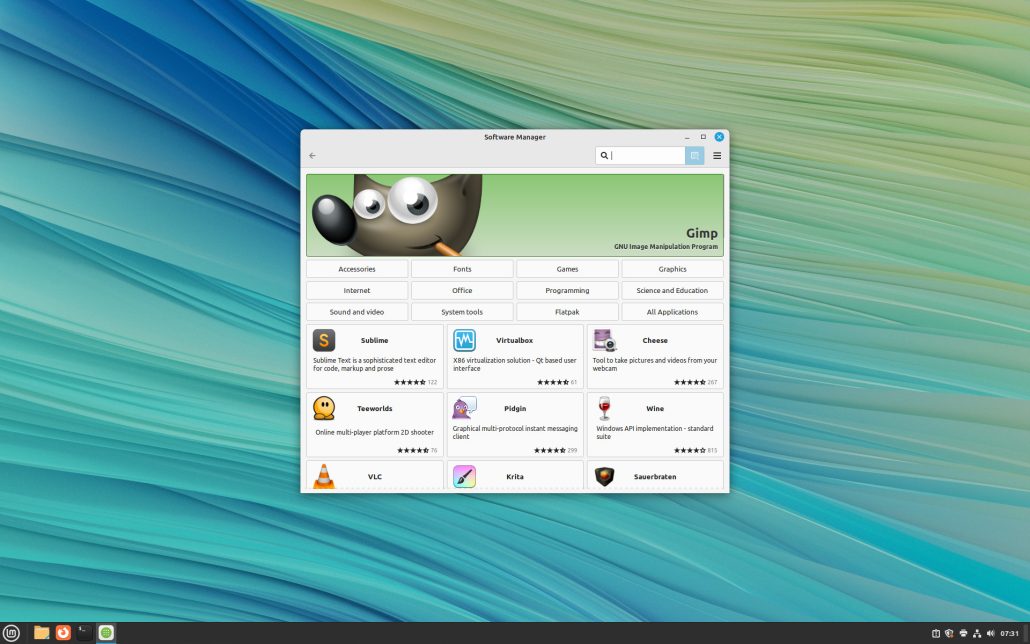 La logithèque de Linux Mint affichant la page du logiciel GIMP