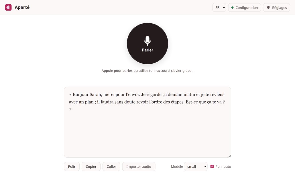 Dictée vocale locale : écrire trois fois plus vite en parlant à son ordi (sans abonnement, sans cloud) image L'écran de dictée de Murmur, l'application de reconnaissance vocale locale sur Linux.
