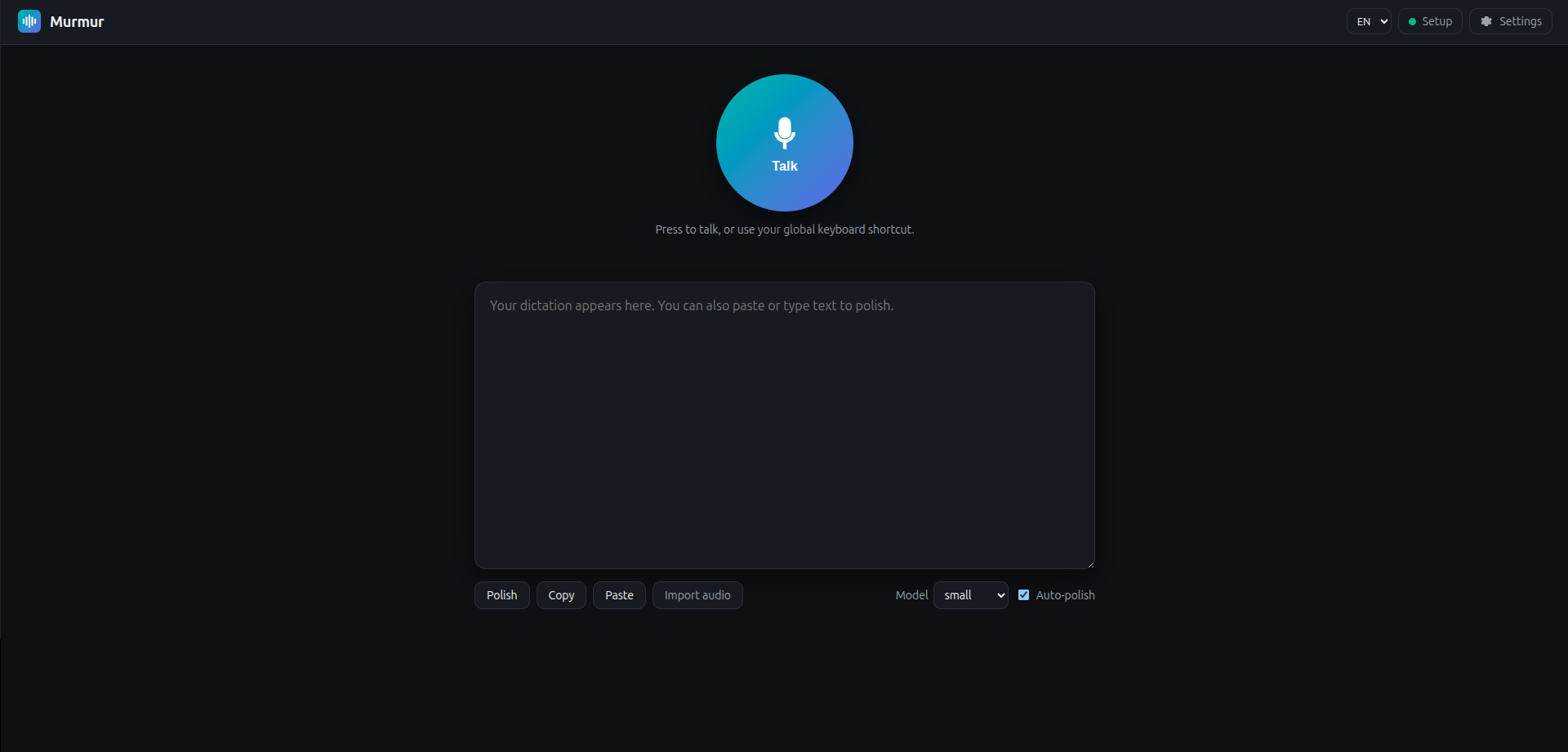 Dictée vocale locale : écrire trois fois plus vite en parlant à son ordi (sans abonnement, sans cloud) image L'écran de dictée de Murmur, l'application de reconnaissance vocale locale sur Linux.