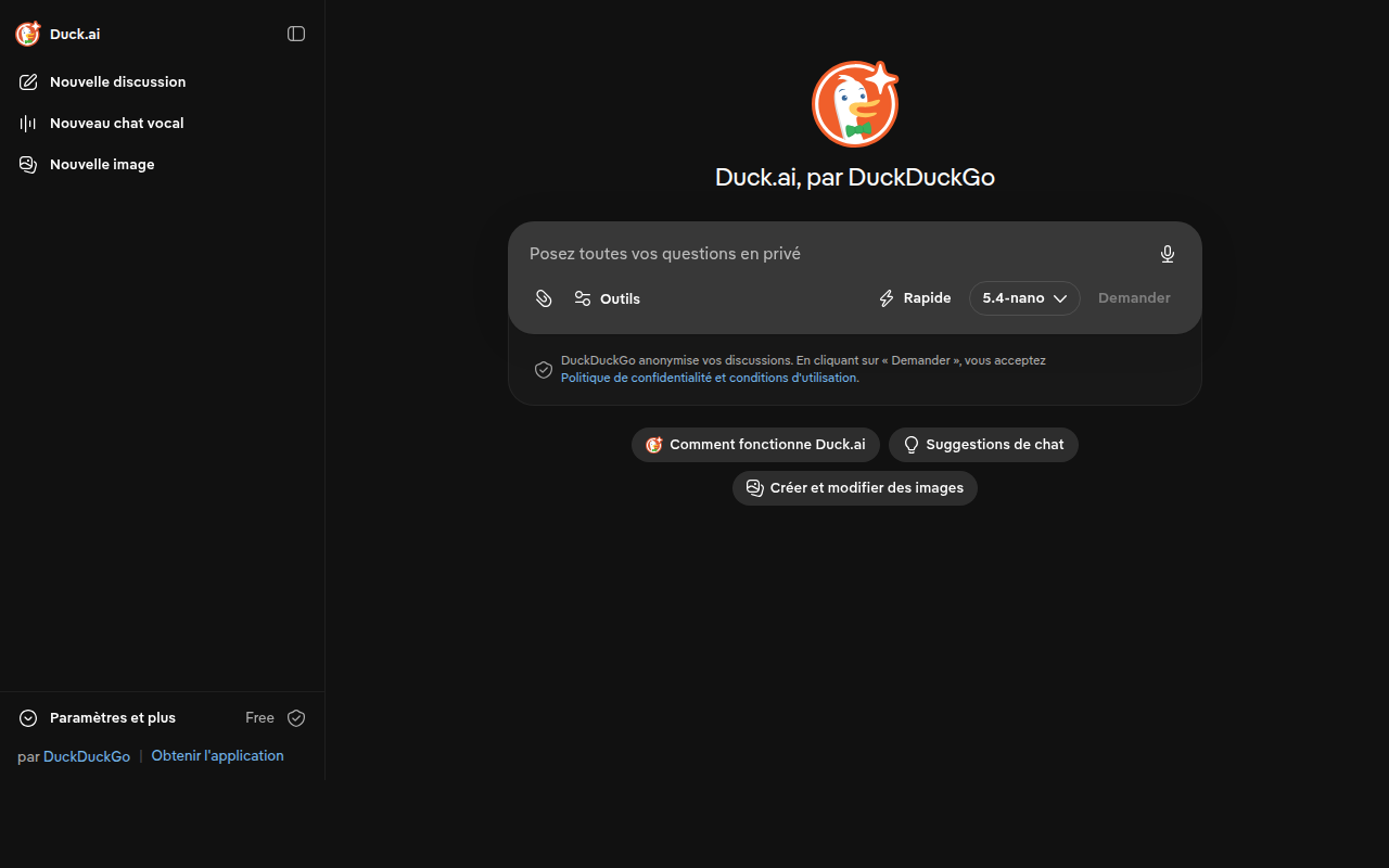 Quelle IA choisir quand on tient à sa vie privée ? image Capture d'écran de Duck.ai, l'assistant de DuckDuckGo