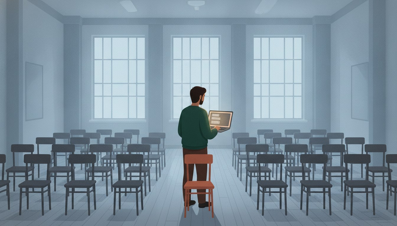 Illustration : un homme seul avec son ordinateur portable, debout devant une salle entièrement vide aux rangées de chaises inoccupées, dans une lumière froide de petit matin.