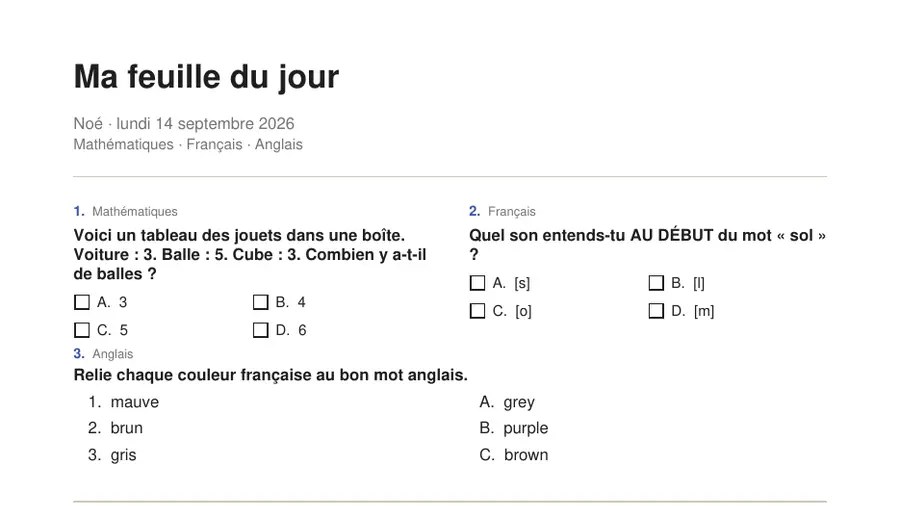 École à la maison ou soutien scolaire : j'ai bâti l'app qui me manquait (et je cherche sept familles) image Première page d'une feuille de route Caboche : les exercices du jour en mathématiques, français et anglais (famille de démonstration)