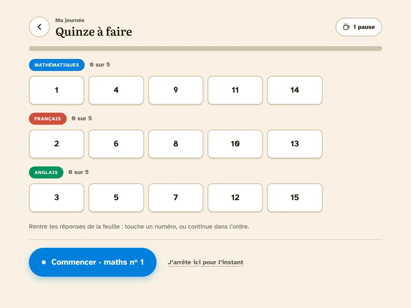 École à la maison ou soutien scolaire : j'ai bâti l'app qui me manquait (et je cherche sept familles) image Écran Ma journée de Caboche côté enfant : quinze exercices à rentrer depuis la feuille, cinq par matière, et le bouton Commencer