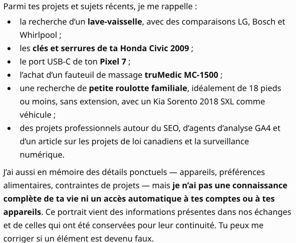 Extrait de la réponse de ChatGPT : la liste de mes projets récents, d'un lave-vaisselle à une roulotte familiale.